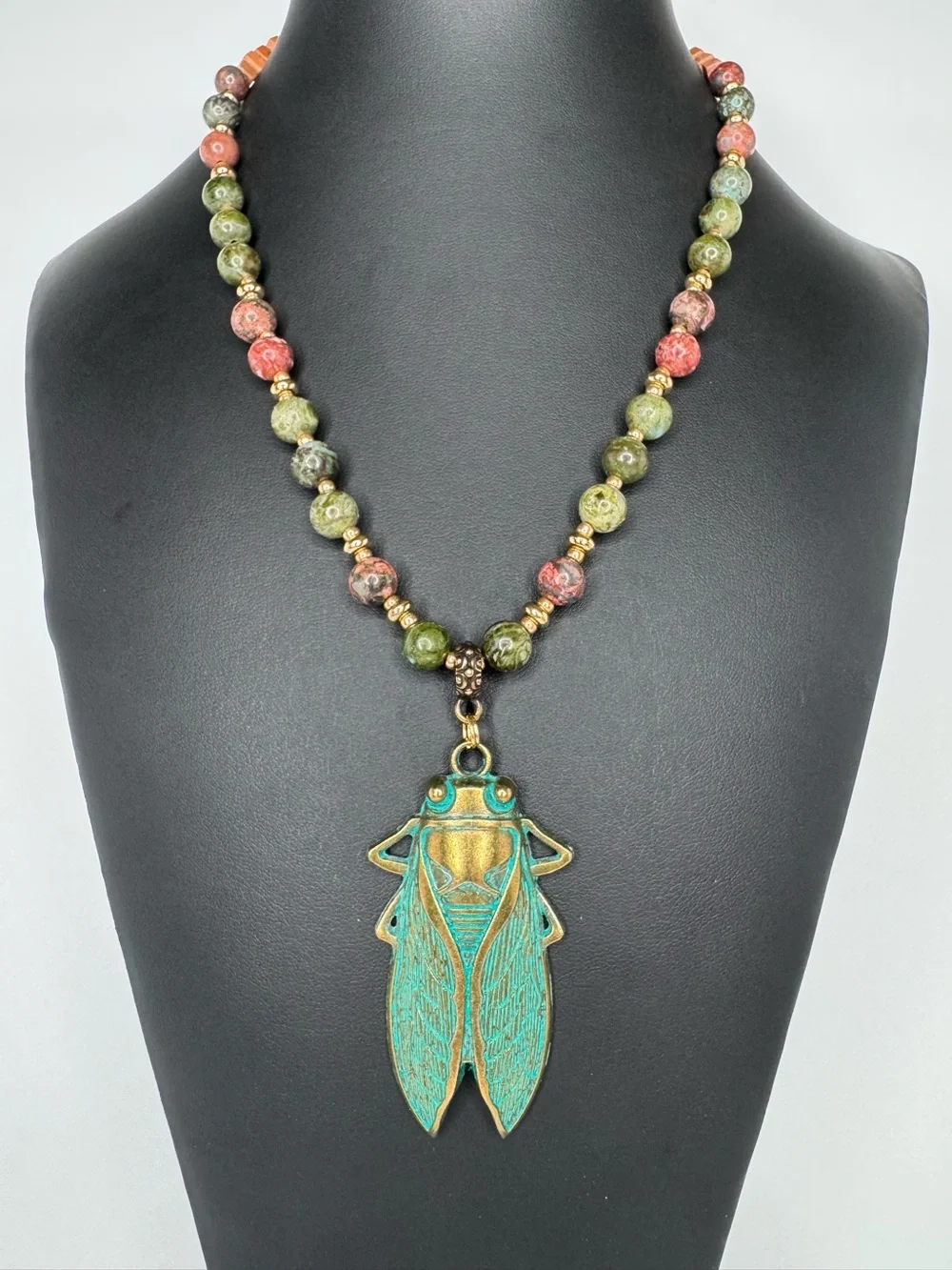 Artisan Verdigris Cicada Pendant Necklace Terra Cubes & Leopard Skin Jasper 20” - Picture 5 of 8